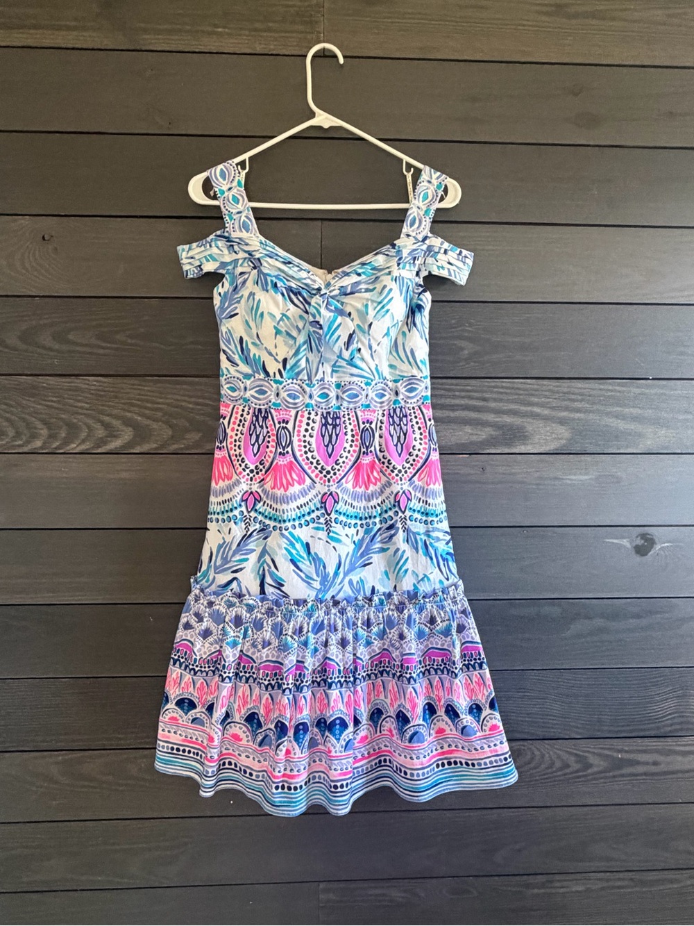 Lilly Pulitzer Blue and Pink Off-Shoulder Midi Dress